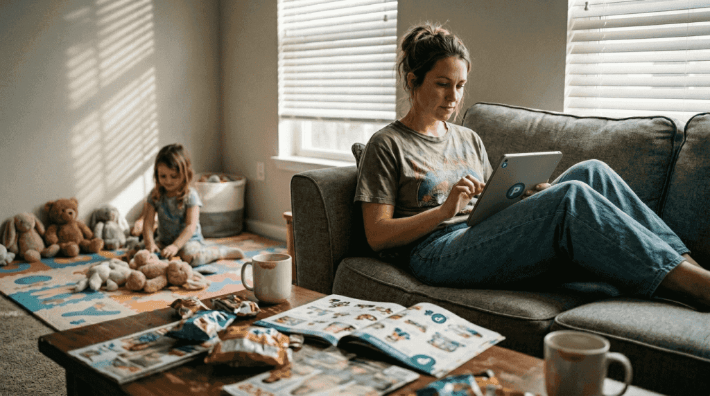 Parent browsing toys online at home