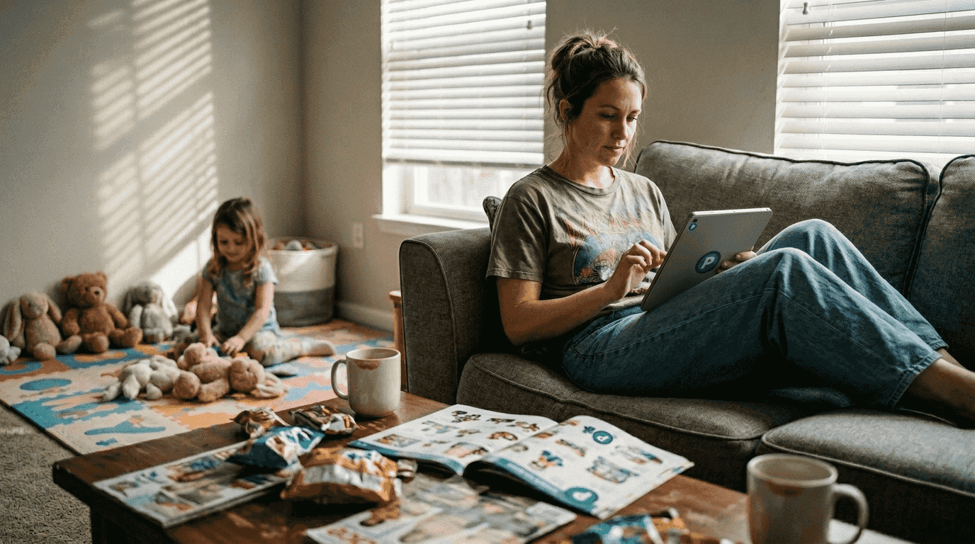 Parent browsing toys online at home