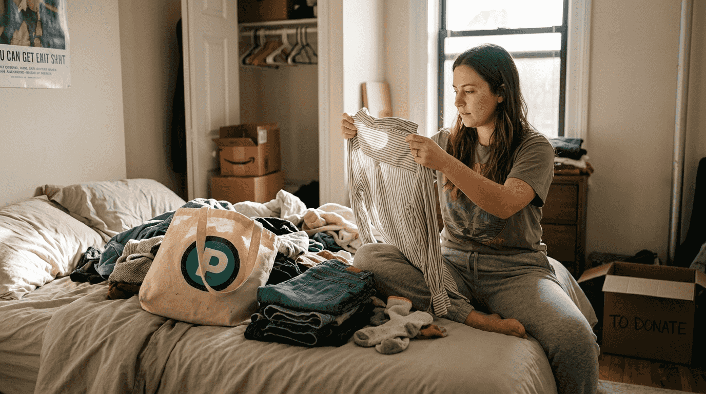Woman conducting home wardrobe audit on bed