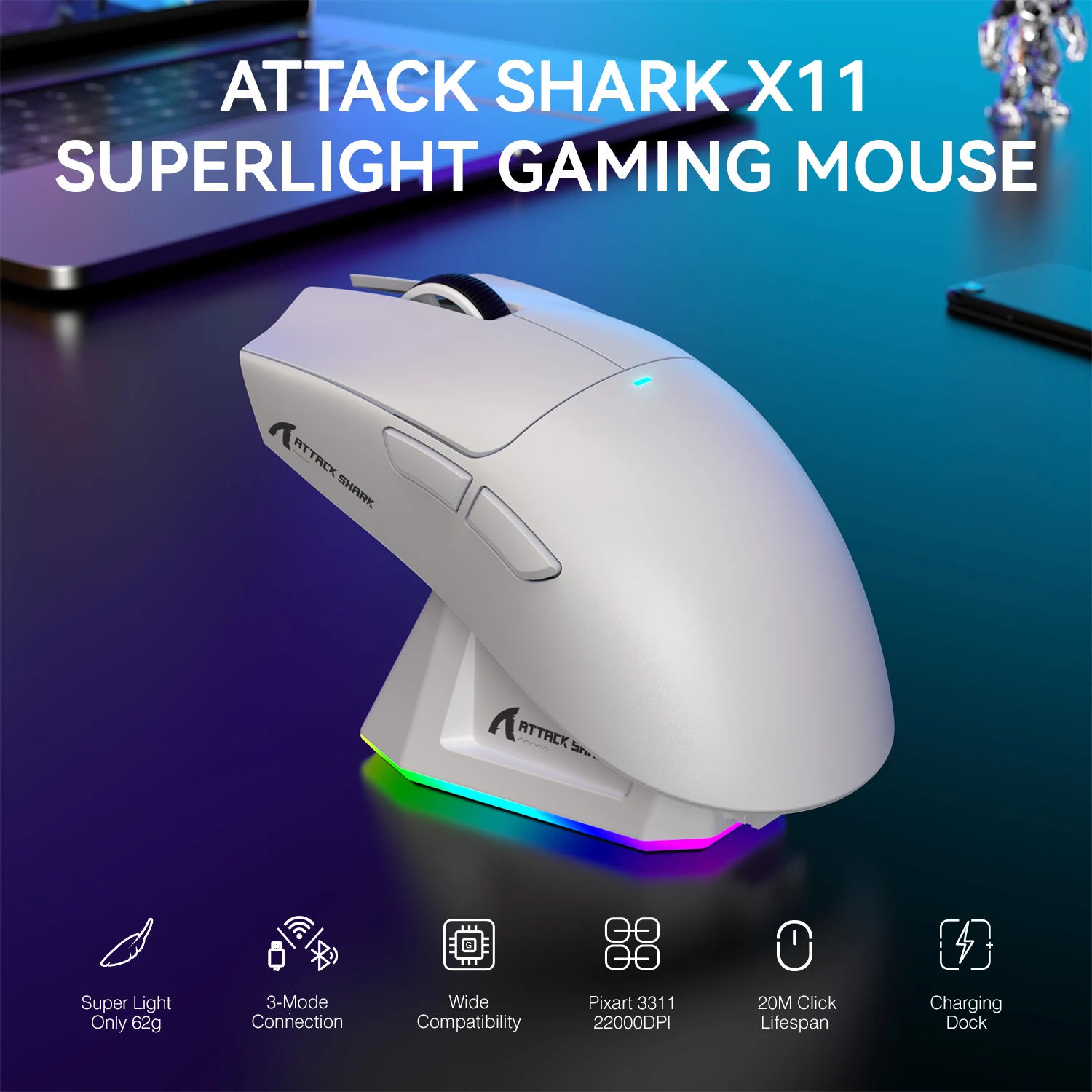 Attack Shark X11 Tri Mode 22K DPI Mouse 1 Attack Shark X11 Tri Mode 22K DPI Mouse 1