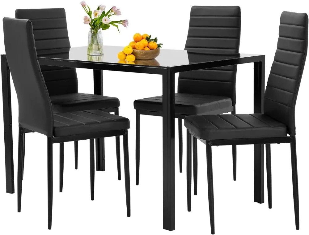 5 Piece Black Glass Dining Set with Chairs 1 5 Piece Black Glass Dining Set with Chairs 1
