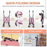 Pink 4 Wheel Pet Stroller Trolley 33lb Foldable 3