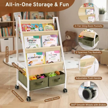 Montessori Kids Bookcase with Wheels Storage 2