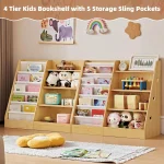 4-Tier Kids Bookshelf with Sling Pockets 5