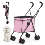 Pink 4 Wheel Pet Stroller Trolley 33lb Foldable 1