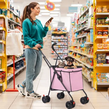 Pink 4 Wheel Pet Stroller Trolley 33lb Foldable 2