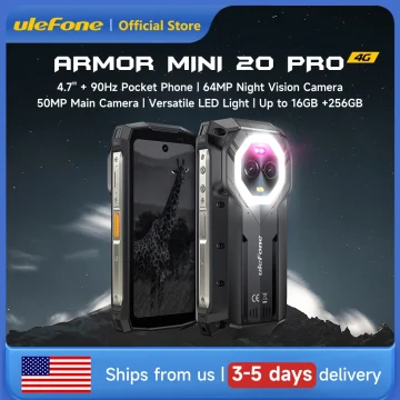 Advertisement for Ulefone Armor Mini 20 Pro rugged phone with 4G night vision camera LED light and storage options ships in 35 days | PricZone