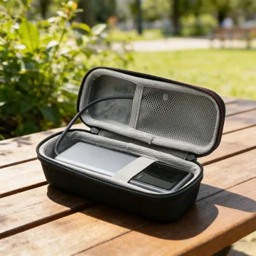 Open tech travel case on a wooden bench, holding a tablet/laptop and a smartphone in elastic pockets inside a padded case