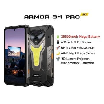 Rugged Ulefone Armor 34 Pro smartphone in black with yellow accents, shown from a front-left angle, highlighting its sturdy back and screen. Right side lists specs: 25500mAh battery, 6.95-inch FHD+ display, up to 32GB RAM and 512GB ROM, 64MP night vision camera, 150-lumen projector with keystone correction.
