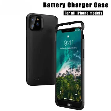 Black battery-charger phone case for iPhone, shown from front and back (dual view)