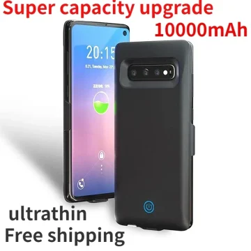 Smartphone in a black 10000mAh battery case, rear camera visible; bold red text reads 'Super capacity upgrade' and '10000mAh', with 'Free shipping' text nearby.