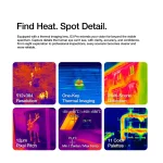 Hero section with the headline Find Heat Spot Detail and a grid of rounded feature cards showing thermal imaging capabilities high resolution one key imaging multi scene detection pixel pitch temperature readouts color palettes | PricZone