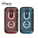 Two transparent UniHertz phone cases in red and blue showing exposed circuitry pattern and camera cutout side by side | PricZone
