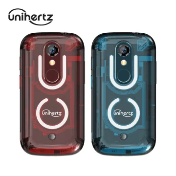 Two transparent UniHertz phone cases in red and blue, showing exposed circuitry pattern and camera cutout side by side.