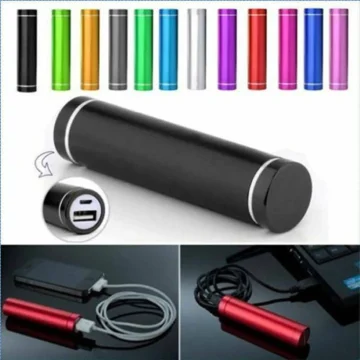 Black cylindrical power bank with USB A and micro USB ports and color variants shown above | PricZone