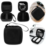 Compact black hard shell travel case with inner divider and mesh pocket for storing earbuds and cables with wrist strap | PricZone