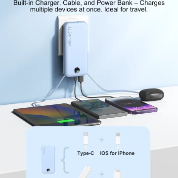 12000mAh Wall Plug Power Bank with Cables 2