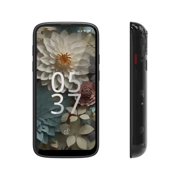 Front view of a black smartphone with a floral wallpaper and 05:37 time display, showing a lock icon on screen edge-to-edge display and rounded corners.