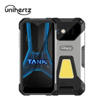 Rugged UniHertz phone case with reinforced corners and two-tone gray/black panels, shown on a tall smartphone.