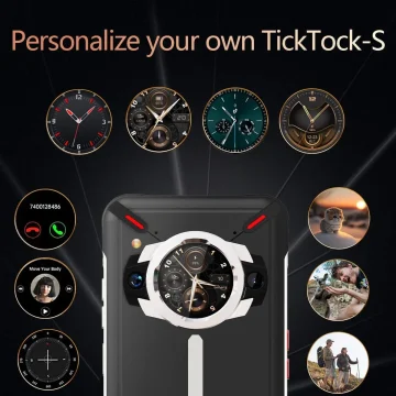 Promotional image showing TickTock-S smartwatch with customizable watch faces and surrounding round dials on a dark background, text at top reads 'Personalize your own TickTock-S'