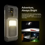 Rugged smartphone with a bright built in light on the left and the headline Adventure Always Bright on a dark background | PricZone