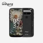 Unihertz smartphone shown in front and back views black device with floral wallpaper on the screen and a transparent rear shell | PricZone