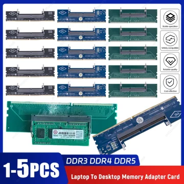 Set of laptop to desktop memory adapter cards DDR3DDR4DDR5 on blue and green PCBs shown with feature icons Stable operation Widely compatible Reliable quality Cost effective | PricZone