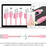 Pink braided USB to Lightning charging and data cable shown with a laptop tablet and iPhone in use | PricZone