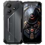 Two rugged smartphones shown side by side the left phone displays a textured back with a triple camera module the right phones screen shows a detailed robotictechno head wallpaper | PricZone