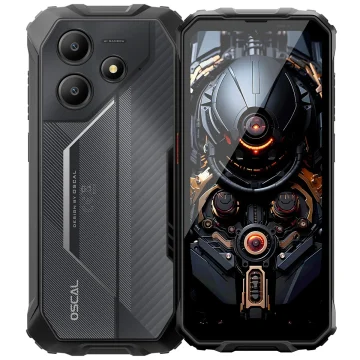 Two rugged smartphones shown side by side: the left phone displays a textured back with a triple-camera module, the right phone’s screen shows a detailed robotic/techno head wallpaper.
