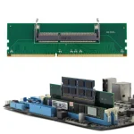Green memory module with edge connector and mounting clips shown detached from a motherboard In the background a servermainboard with RAM slots and cards installed including blue PCIe RAM areas | PricZone