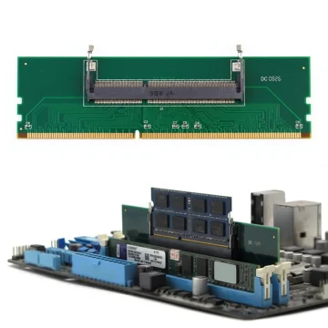 Green memory module with edge connector and mounting clips, shown detached from a motherboard. In the background, a server/mainboard with RAM slots and cards installed, including blue PCIe/ RAM areas.