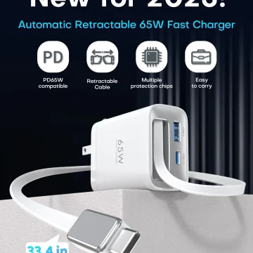 65W 3-Port Retractable USB-C GaN Charger 2