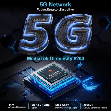 Promotional image for MediaTek Dimensity 8200 5G chipset, featuring a blue 5G logo and the chip with specs: 4nm, up to 3.1 GHz, Mali-G610.