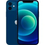 Blue iPhone with dual rear cameras shown from back and a bright blue wallpaper on the display close up | PricZone