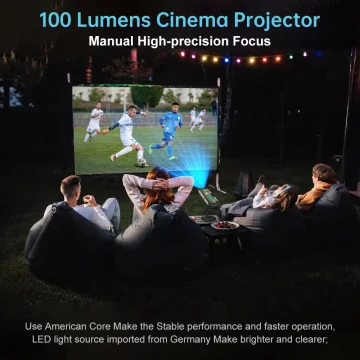 Outdoor night cinema setup: people on bean bags watching a soccer match on a large screen, with product branding text at the top ('100 Lumens Cinema Projector', 'Manual High-precision Focus').