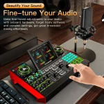 Promotional banner showing a USB microphone on a stand and a touchscreen style audio mixer with neon green controls a hand adjusting a knob and the headline Fine tune Your Audio Informative image | PricZone
