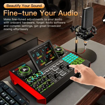 Promotional banner showing a USB microphone on a stand and a touchscreen style audio mixer with neon green controls a hand adjusting a knob and the headline Fine tune Your Audio Informative image | PricZone