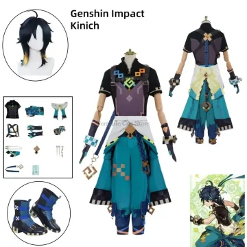 Cosplay of Genshin Impact Kinich featuring teal and black outfit with accessories and boots on display | PricZone