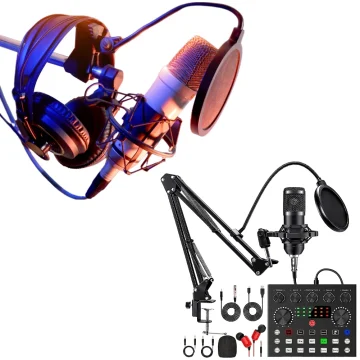 Professional recording setup with a large-diaphragm microphone on a boom arm, pop filter, and a multi-channel audio interface with cables and accessories.