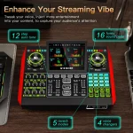 Promotional image showing a red DJ mixer with neon labels 12 step auto tune and 16 funny sound pads and a central screen reading various meters | PricZone