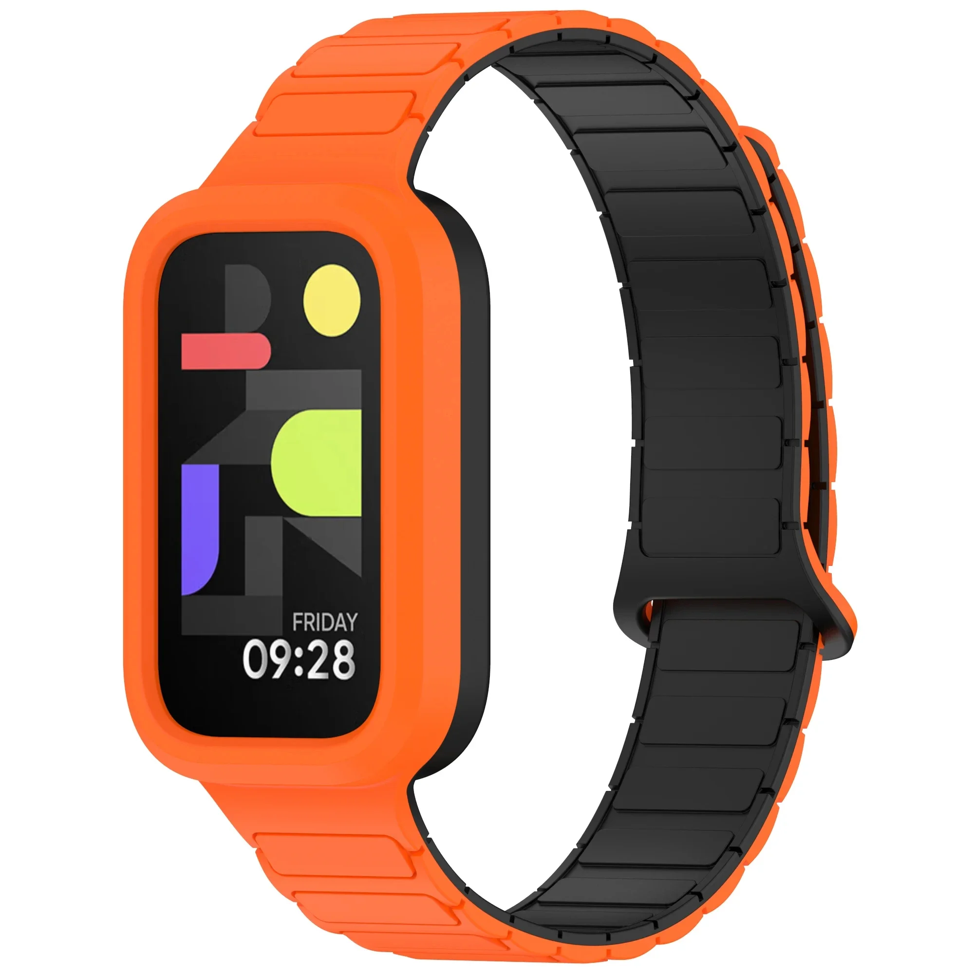 Magnetic Watch Straps for Xiaomi Smart Mi Band 9 Active 2 | PricZone Close up of an orange smartwatch with a black strap angled to show the face and band color contrast that highlights the product design | PricZone