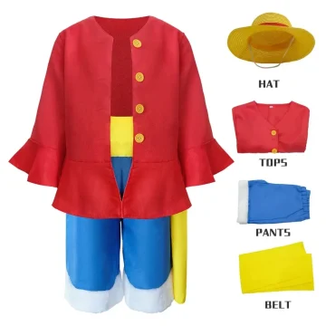 Anime Luffy Cosplay Costume Straw Hat Red Jacket Adult Kids 2