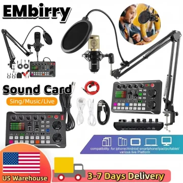 Promotional collage for Embirry Sound Card kit microphones pop filter mixers cables and delivery graphics for singingmusiclive use | PricZone