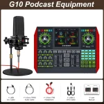 Podcast equipment setup featuring a large condenser mic on a stand beside a G10 mixer console | PricZone