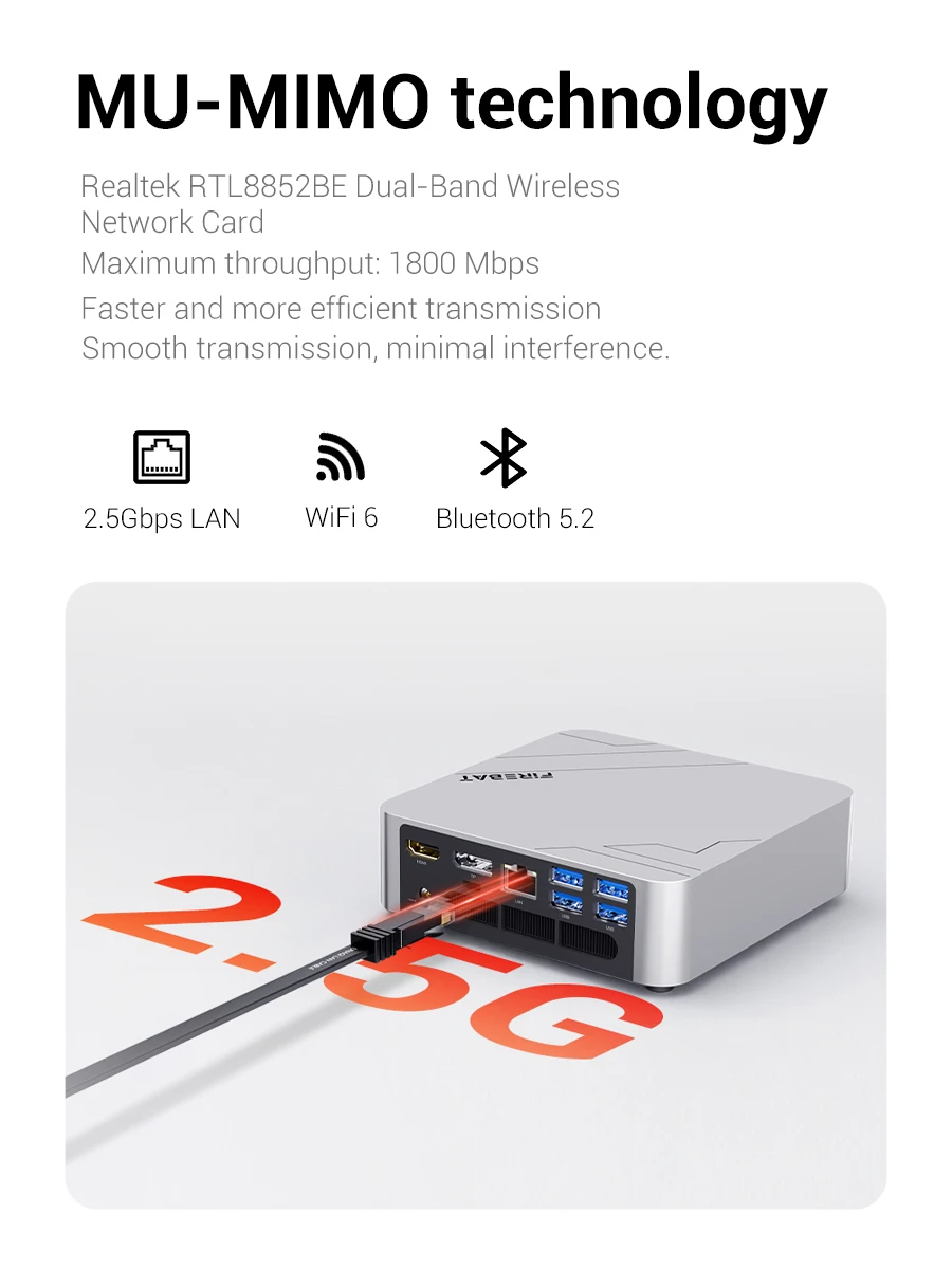 Product infographic for MU-MIMO tech: 2.5Gbps LAN, Wi‑Fi 6, Bluetooth 5.2, and a silver router with a 2.5G port.