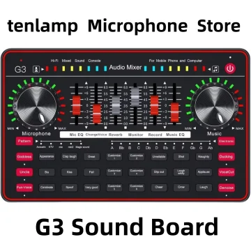 G3 Sound Board audio mixer interface with two large knobs, vertical faders, and many labeled buttons at the bottom row.