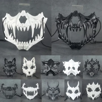 Collage of white and black dragon skull masks with sharp fangs displayed against a gray background on a grid layout | PricZone
