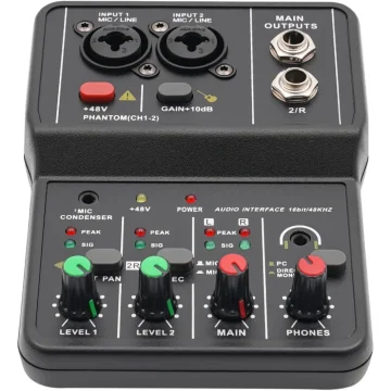 Channel Compact Audio Mixer with 48V Phantom Power Portable 2