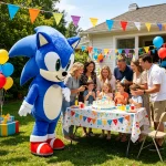 Blue Sonic the Hedgehog inflatable character greets a group of children at an outdoor birthday party with colorful bunting balloons and a cake on a decorated table | PricZone